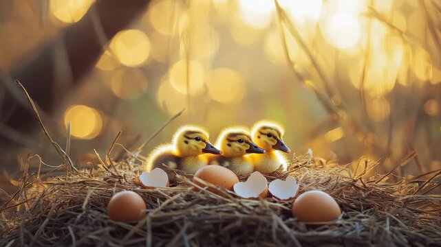 Three baby ducks hatch from eggs in a nest surrounded by straw during sunset in a warm and soft light setting