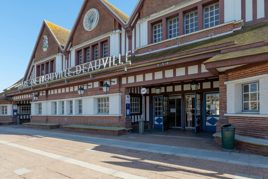 Deauville, France - 30 march 2025. Exterior view of Gare de Trouville Deauville in Normandy France with timber accents and classic rooflines in clear daylight
