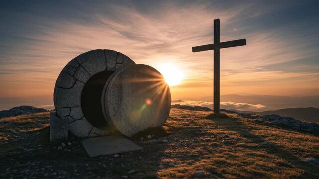 Jesus Christ empty tomb with cross on a mountain at sunrise representing resurrection, hope, and new life for Christianity and Easter