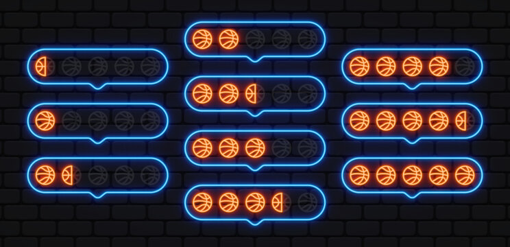 Neon basketball score scale inside glowing speech shapes. Orange ball icons show progress and achievement steps. Great for sports apps, game stats, or fan communities.