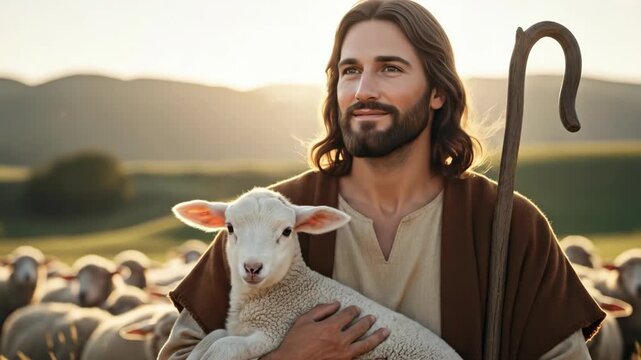 Man, the good shepherd, holding a lamb in a field with a flock of sheep, reflecting religious devotion and care at sunset