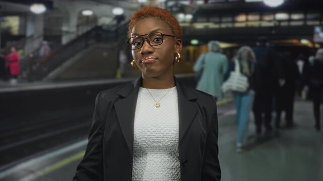 Woman wearing black blazer giving thumbs down gesture at busy train station building; commute frustration.