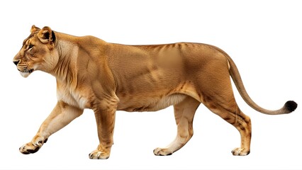 Obraz premium A lioness walking on transparent background in a natural landscape