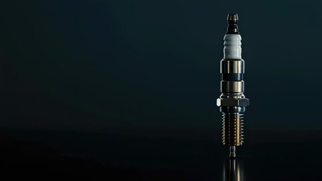 A single spark plug standing upright with a reflection on a dark background