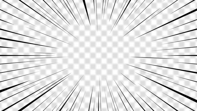 Black comic book speed lines radiating outward on a transparent background. Manga motion effect for graphic design.