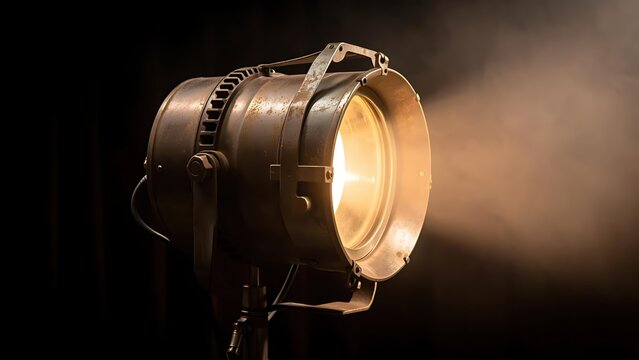 Vintage-style studio spotlight, radiating a warm beam through the misty air - Spectacular lighting equipment on a dark background