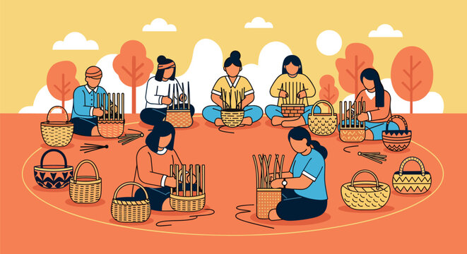 People sitting in a circle making baskets outdoors in autumn