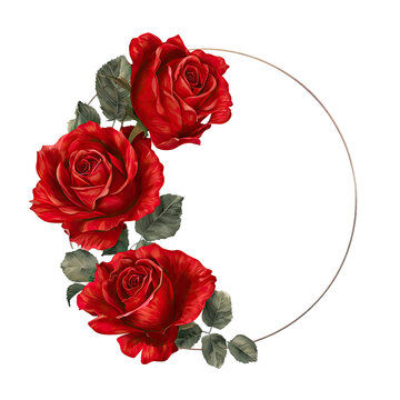 Romantic floral arrangement featuring three red roses, leaves, and a gold ring frame on black
