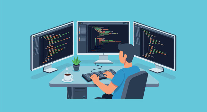 Man sitting at desk with multiple computer monitors coding