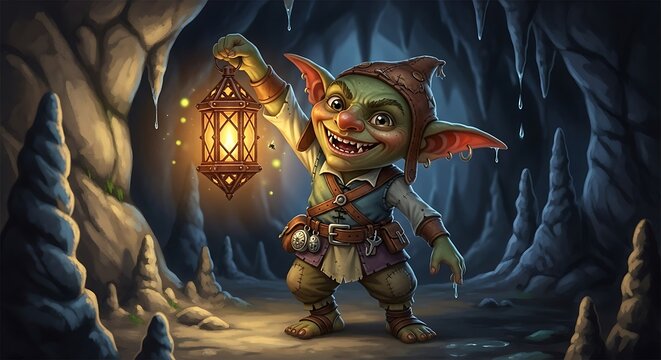 Fantasy Creature with Lantern in Cave.