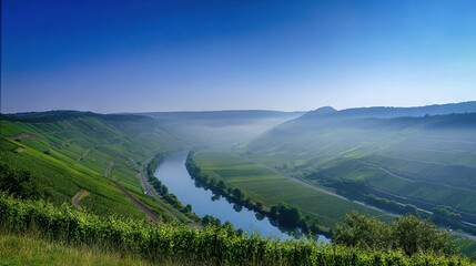 Fototapeta premium Rolling Green Hills with Misty Valley Landscape