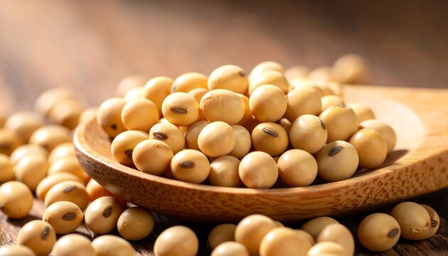 Light tan soybeans piled on a wooden spoon against a wooden surface