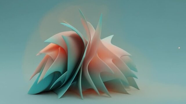 Dynamic Abstract Sculpture with Vibrant Orange and Aqua Waves Sharp Fins Agnst a Teal Backdrop with Subtle Light Specks
