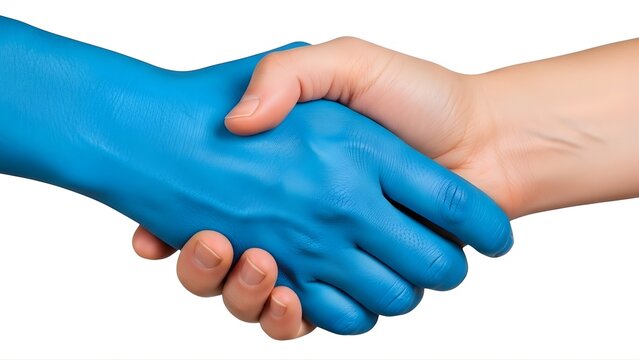 A blue-painted hand shaking a bare hand on transparent background