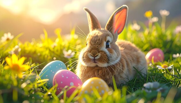 Fluffy brown bunny sits among painted eggs and flowers in a sun-drenched meadow, backlit by a warm glowing light