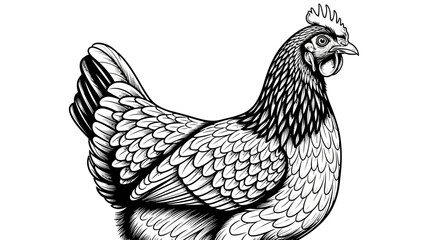 Detailed Black and White Illustration of a Hen, Farm Animal Portrait