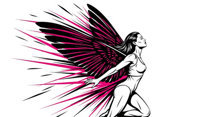 Dynamic Angelic Woman with Exploding Pink Wings, Concept of Freedom and Transformation