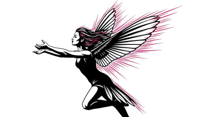 Elegant Angelic Woman with Large Wings Reaching Out, Dynamic Pose, Fantasy Art
