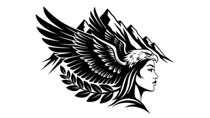 Eagle Goddess Profile with Mountains and Laurel Wreath