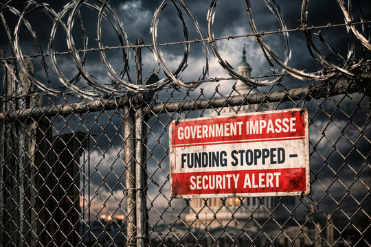 Government impasse funding stopped security alert sign on concertina wire fence with U.S. Capitol dome under stormy sky symbolizing government shutdown border security deadlock funding stopped