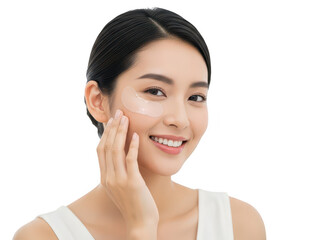 Woman applying eye patches isolated on transparent background