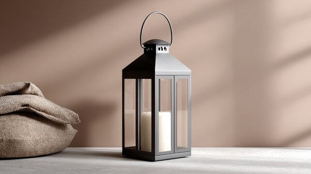 Decorative black lantern with candle on rustic table in soft light