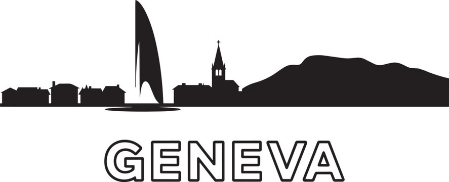 Geneva switzerland skyline silhouette featuring jet deau fountain and lake mountains landscape