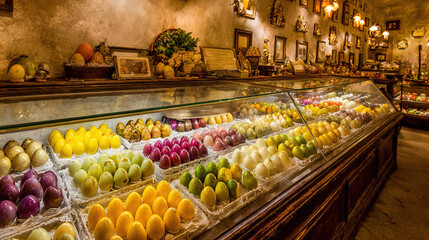 Obraz premium Colorful Macarons Displayed in a Charming Bakery