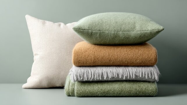 Stack of cozy decorative pillows and blankets on chic modern surface
