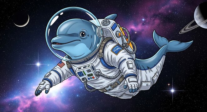 Dolphin Astronaut Floating in Outer Space Scene.