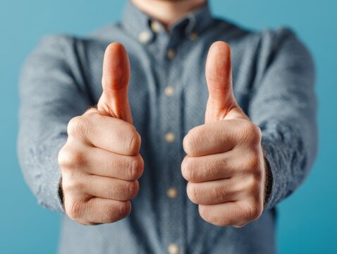 person giving thumbs up isolated on a blue background