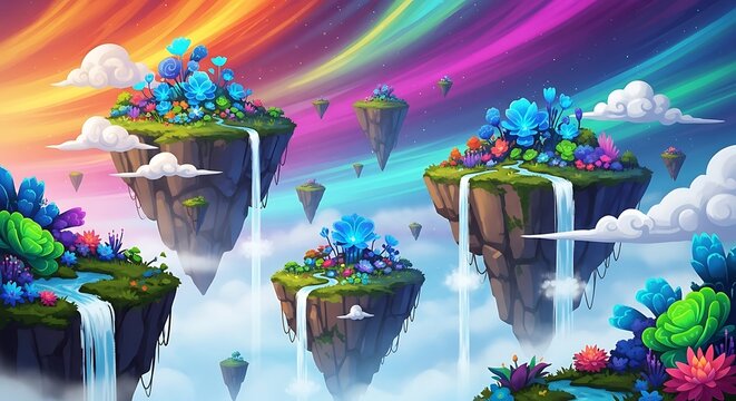 Fantasy Islands with Waterfalls and Rainbow Sky.