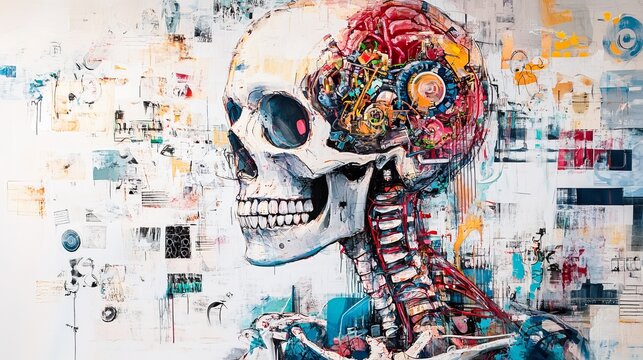 A vibrant and dramatic illustration of a human skull with a colorful brain and spine on a textured background
