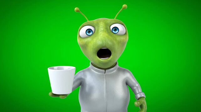 Funny Green Alien Holding a White Cup, Sci-Fi Character on Green Screen Background