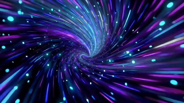 3D animation abstract time travel portal wormhole dynamic lighting effects blend of neon blues, purples cosmic hues. portal swirling, light bending edges being pulled dimension digital distortions