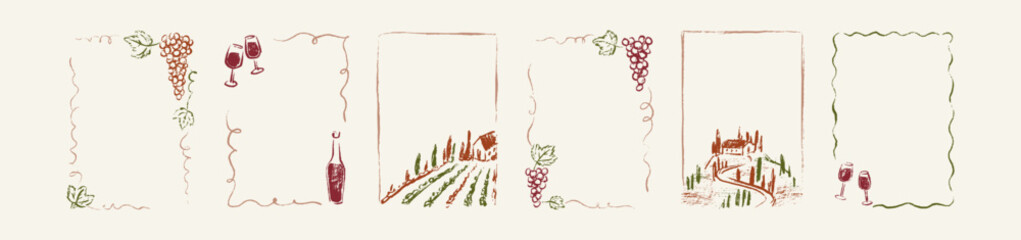 Fototapeta premium Set of crayon vintage frames for wine label, alcohol packaging, vineyard design, vinery branding. Rectangle hand drawn chalk sketch borders with Tuscany rural agriculture landscape, cypress trees