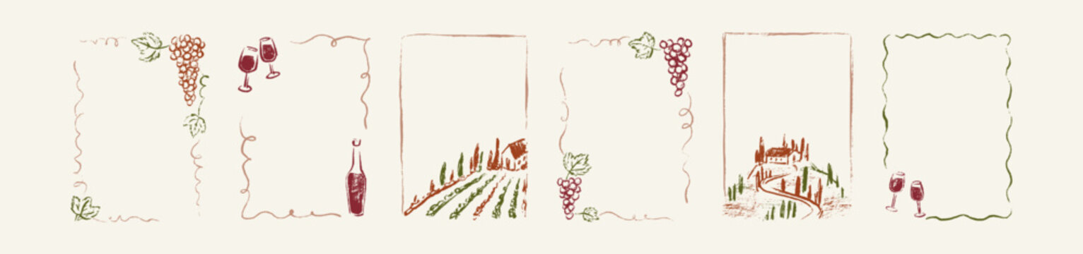 Set of crayon vintage frames for wine label, alcohol packaging, vineyard design, vinery branding. Rectangle hand drawn chalk sketch borders with Tuscany rural agriculture landscape, cypress trees
