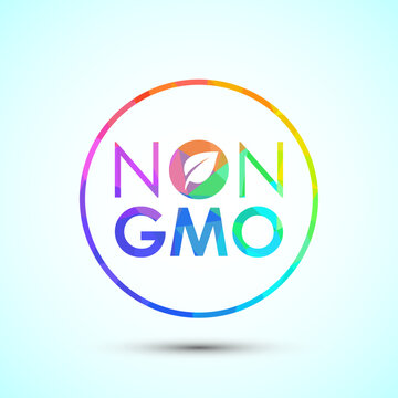 Modern non gmo typography logo with rainbow polygonal texture and small leaf dot