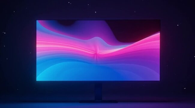 Modern computer monitor illuminating dark space with vibrant abstract waveform display