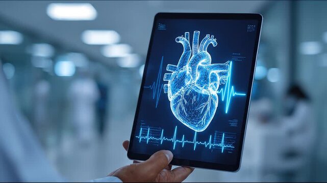Medical professional holding a digital tablet displaying a glowing 3D wireframe hologram of a human heart with a pulsing ECG monitor line in a modern hospital