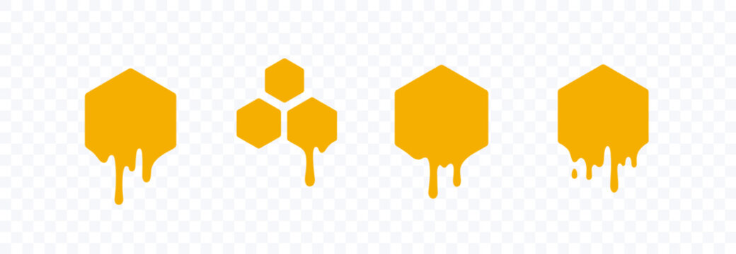 Drip set of honey comb isolated on transparent background. Gold yellow melt liquid hexagon shapes. Vector honeycomb with drops