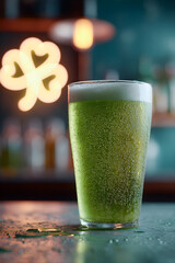 Close up of a green beer glass with white foam. St Patrick Day celebration drink. Traditional holiday beverage.