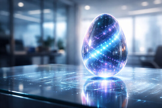 Ovo hologr&aacute;fico futurista em ambiente de escrit&oacute;rio