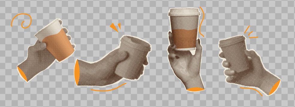 Set of halftone hand holding coffee cup art collage