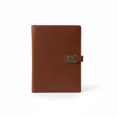 A brown leather-bound notebook with a metal clasp on a white background