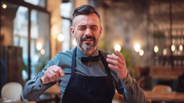 Gastronomy & the Gastronome: A focused chef, in the heart of a restaurant, experiences a moment of concentrated sensory evaluation of taste, smell, and the overall dining experience.