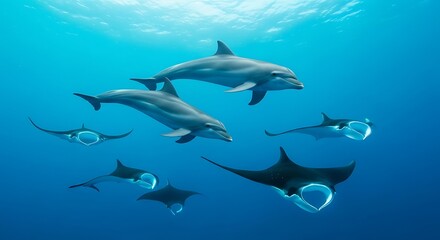 Obraz premium Dolphins and Stingrays Swimming Underwater.