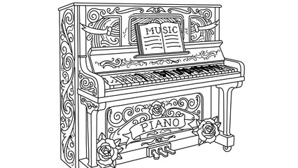 Fototapeta premium A beautifully designed vector illustration of a decorative piano with intricate floral patterns and musical notes