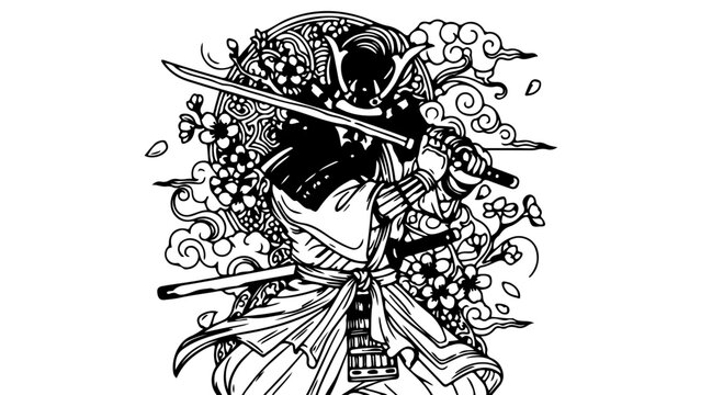 A dramatic vector illustration of a samurai warrior with a sword and flowing robes in a dynamic pose