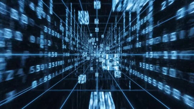 Abstract blue digital data tunnel with glowing code matrix